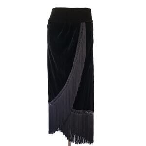 Kenneth Cole Black Velvet Fringe Midi Skirt Size 8 Dance Dressy Artsy Faux Wrap